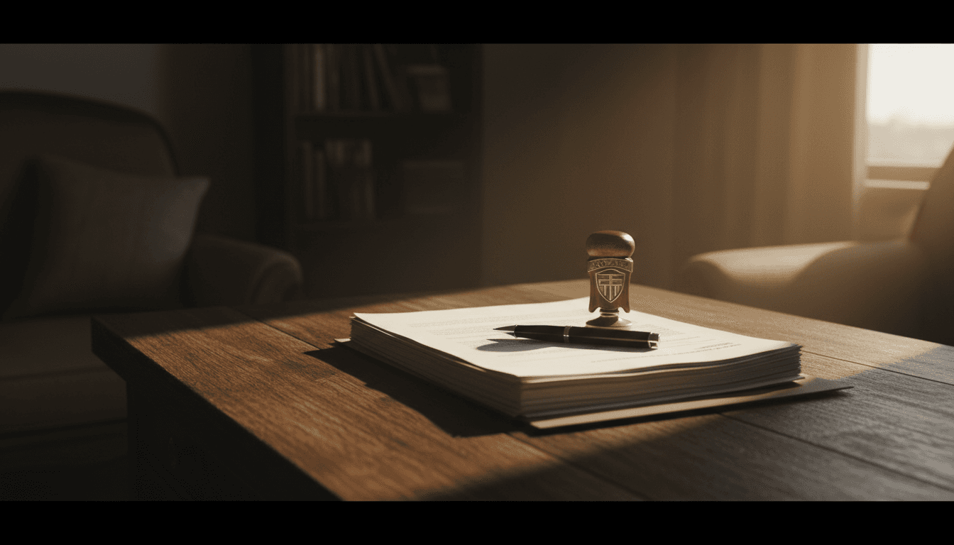 Notary seal and documents on a wooden desk