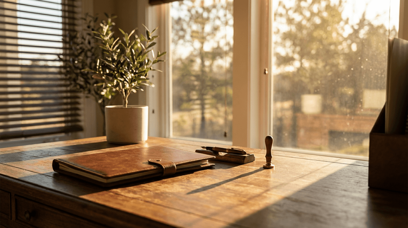 Notary stamping a document on a wooden desk with a pen nearby