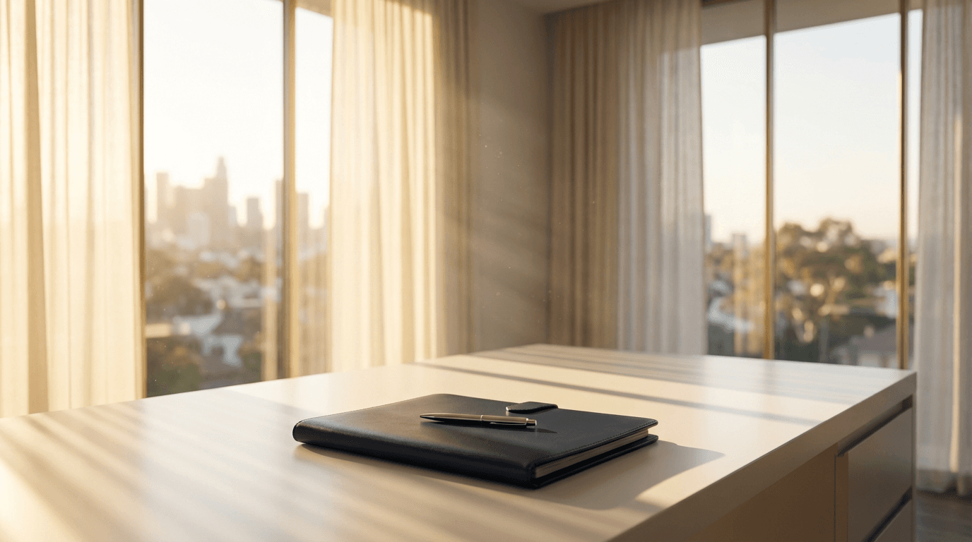 Warm home office desk with notary stamp and documents