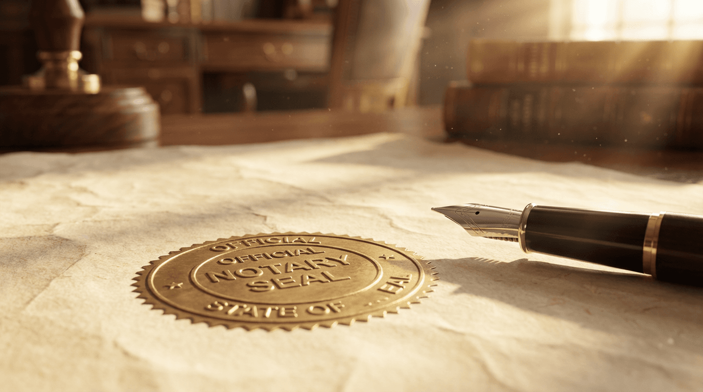 Notary hand pressing a seal on a document on a wooden desk