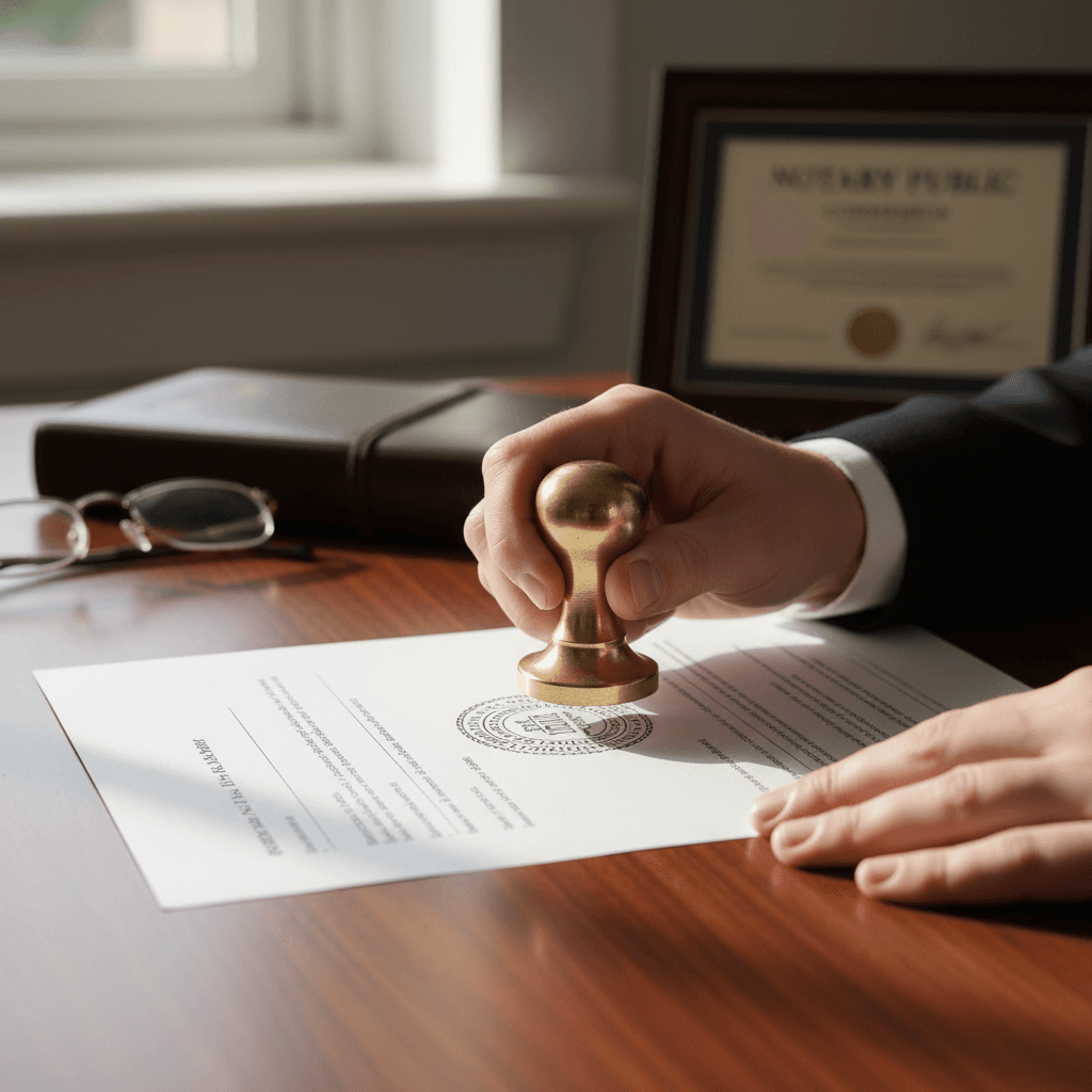 Notary stamping a document on a wooden desk with natural light