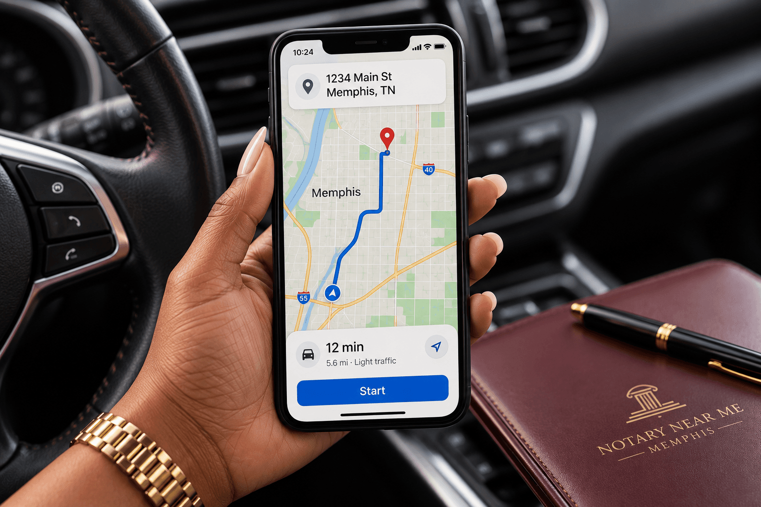 Hand holding a smartphone showing GPS navigation in a car beside a notary public folder.